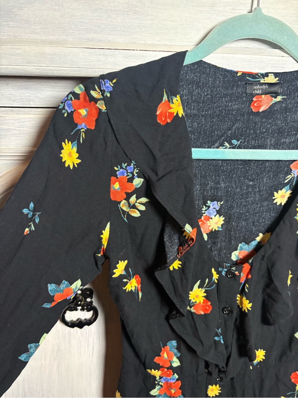 Nobody’s Child Black Floral Ruffle Button Bell Sleeve Mini Twee Cottagecore - Picture 4 of 10